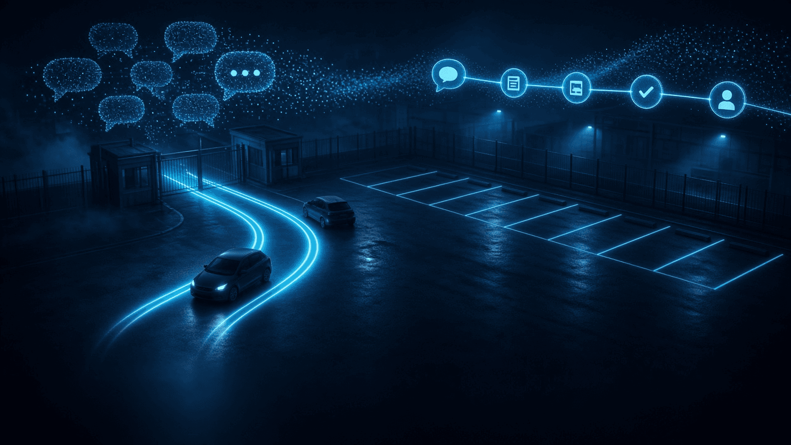 Chat-bubble glyphs over a night depot turn into an ordered row of step icons as cars follow a glowing lane to parking bays