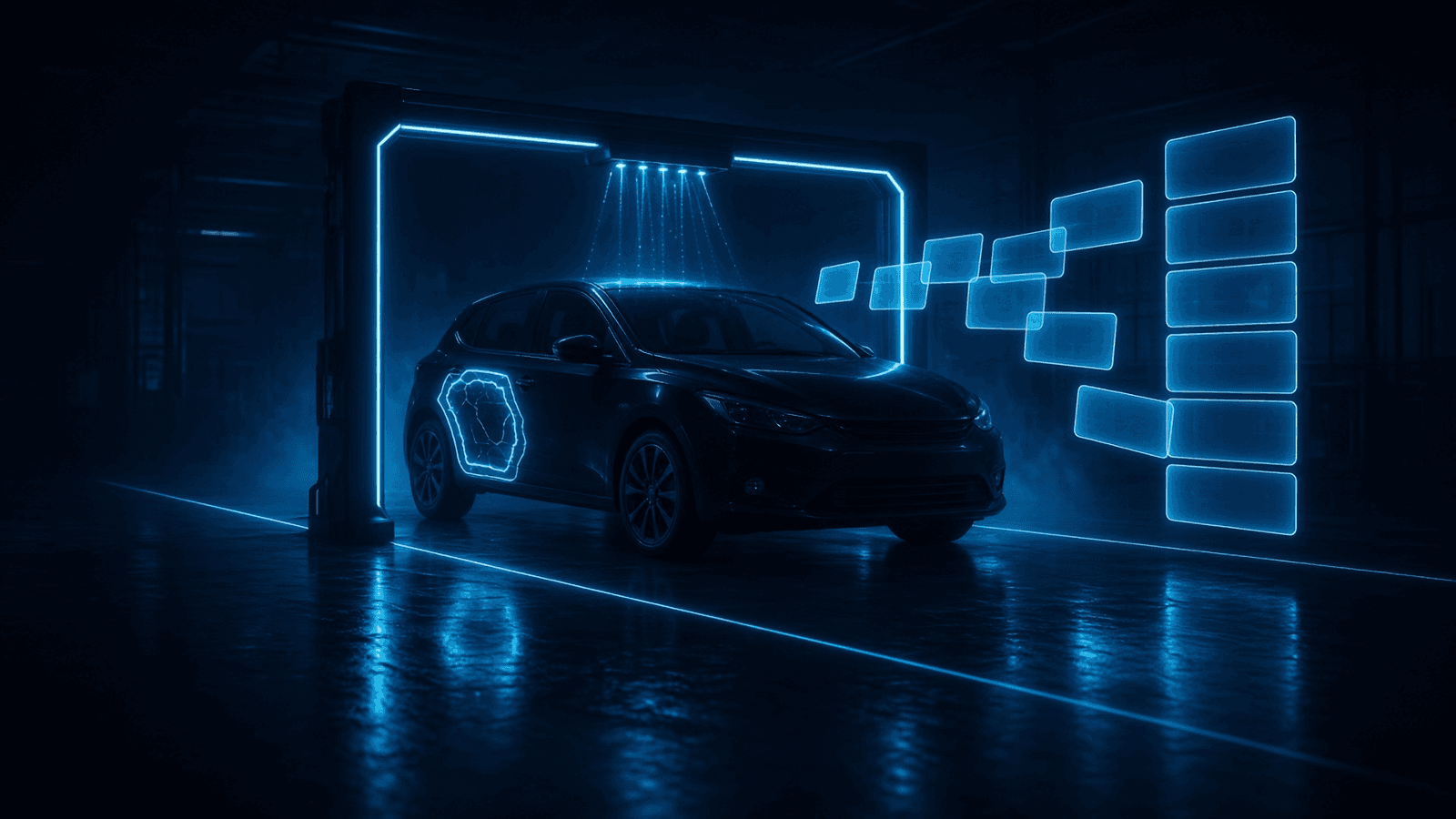 A dark car under a glowing inspection arch with a damage outline on its door, blank photo frames feeding a queue of cards