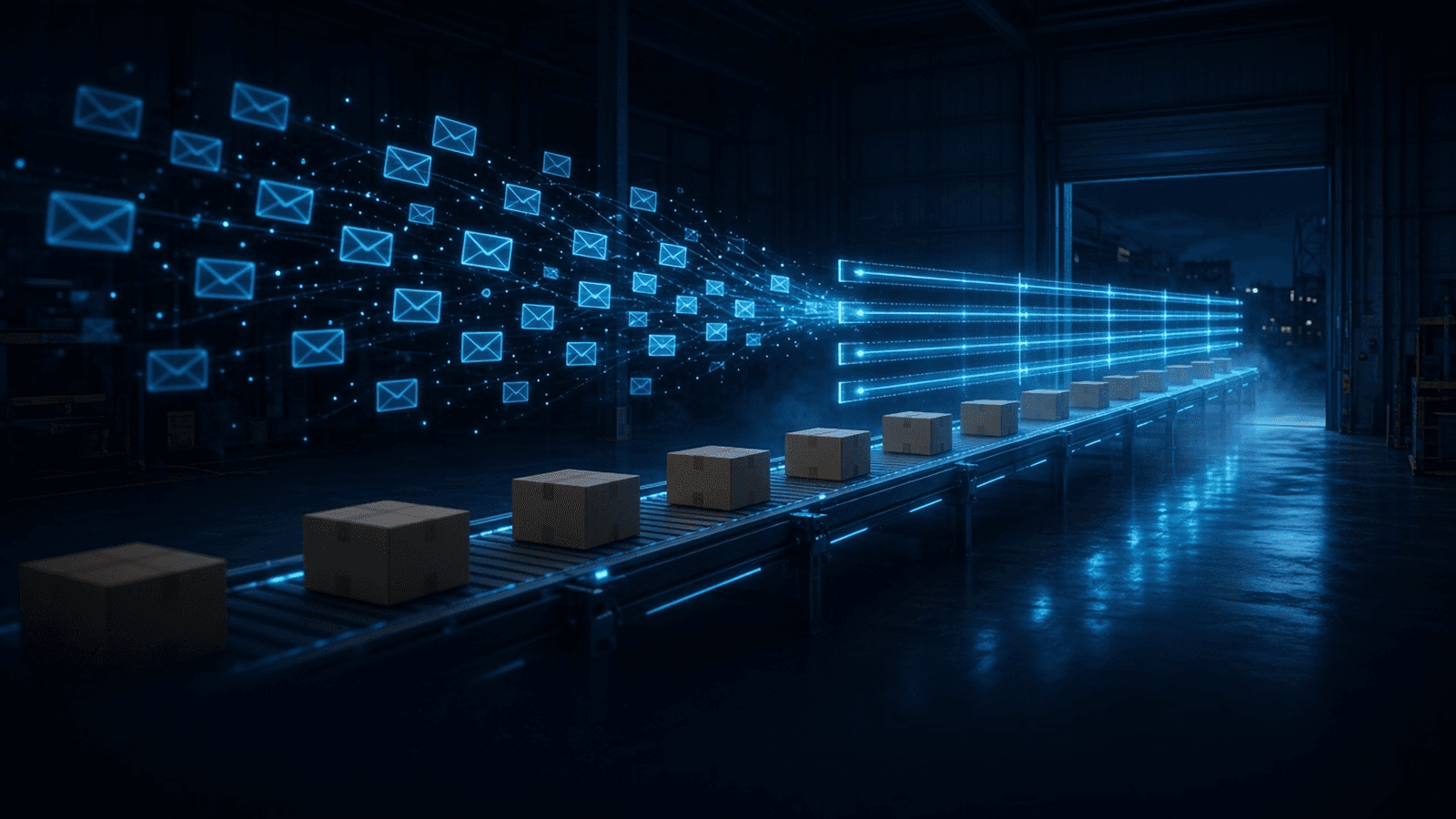 Parcels ride a night depot conveyor as floating envelope glyphs turn into an organised board of glowing lanes