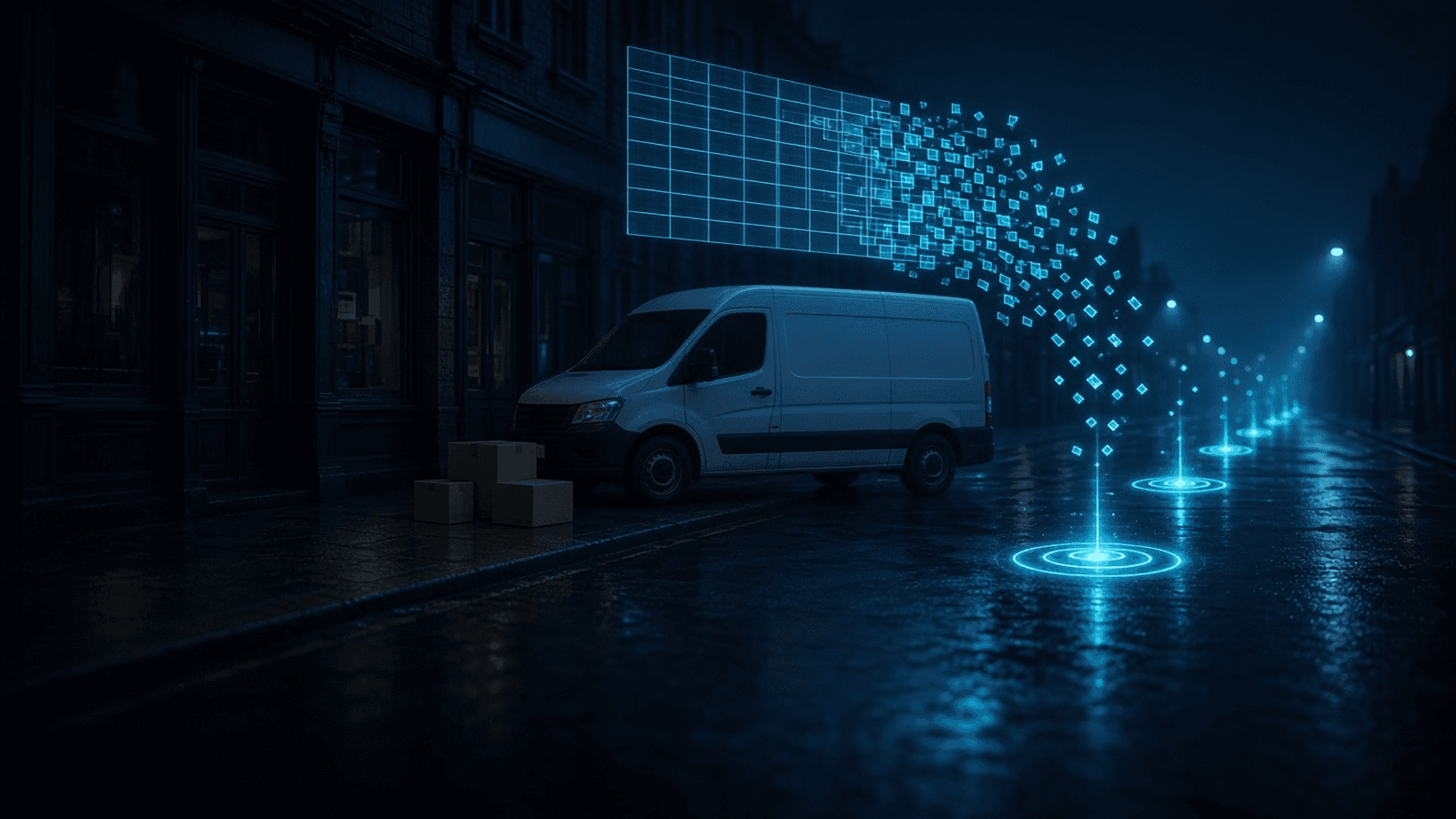 A white van loading parcels outside night shopfronts, as a floating grid of cells dissolves into a trail of glowing stops