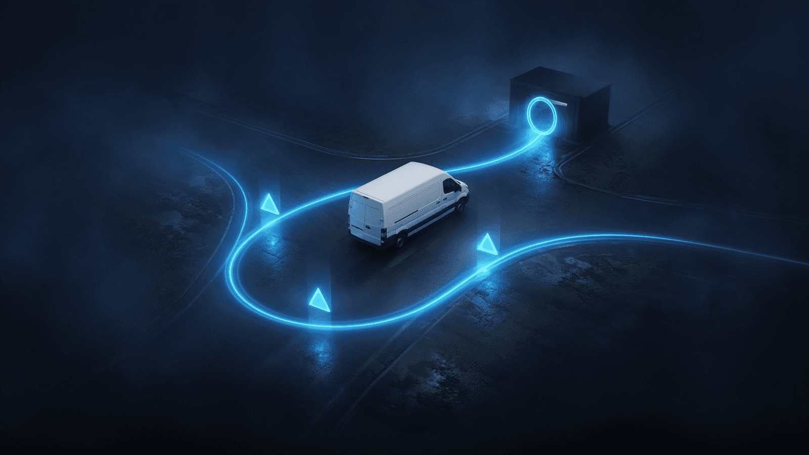 A white van on a dark road inside a looping glowing trail with warning markers that returns to a depot exception point