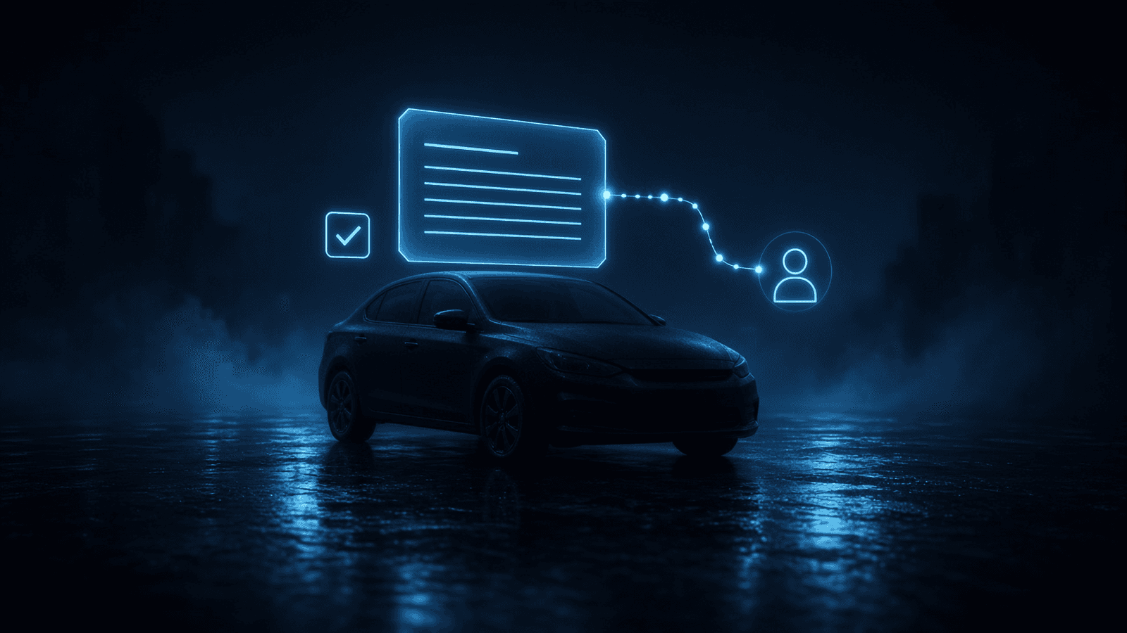 A dark car at night under a fine-notice hologram, with a checkbox glyph and a dotted glowing path leading to a driver glyph