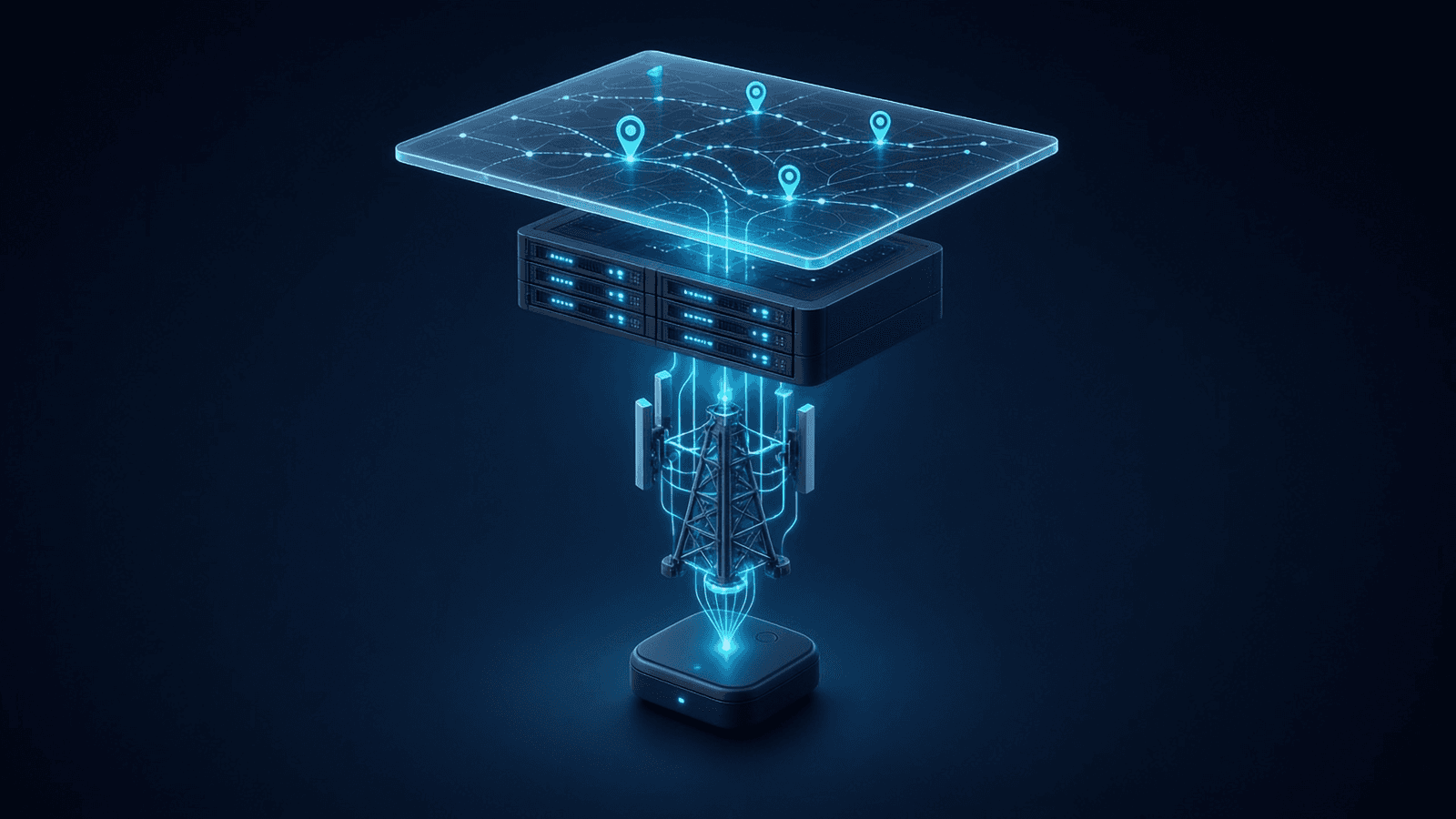 Layered GPS tracking architecture: a tracker device, a cell tower, a server rack and a map plane joined by glowing data lines