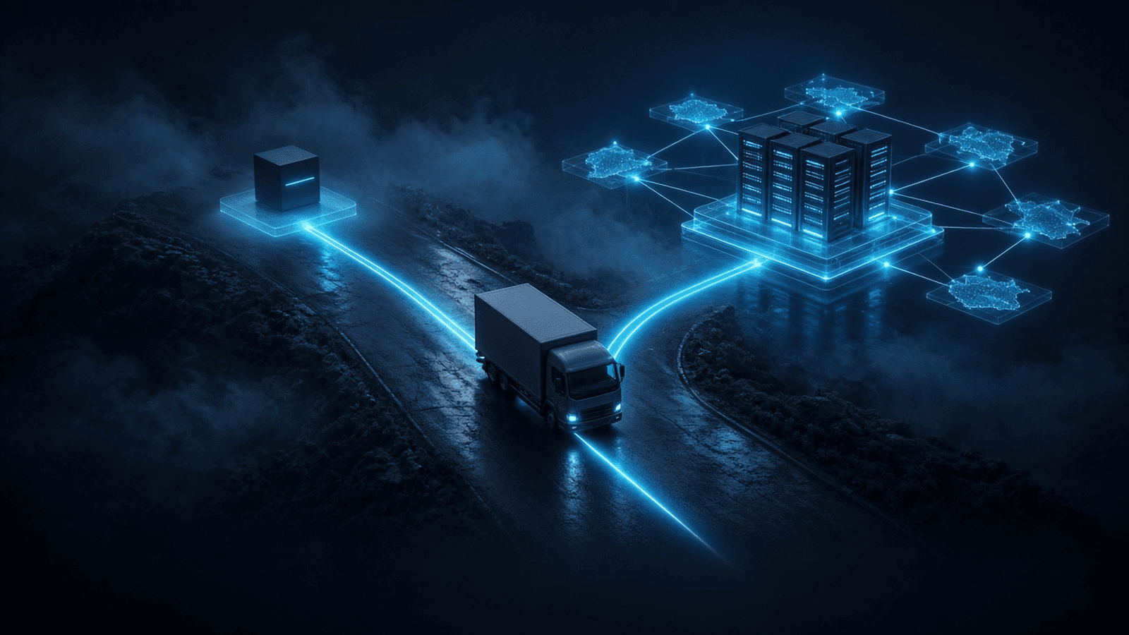 A box truck at a fork in a night road: one glowing branch leads to a plain server block, the other to a larger custom platform