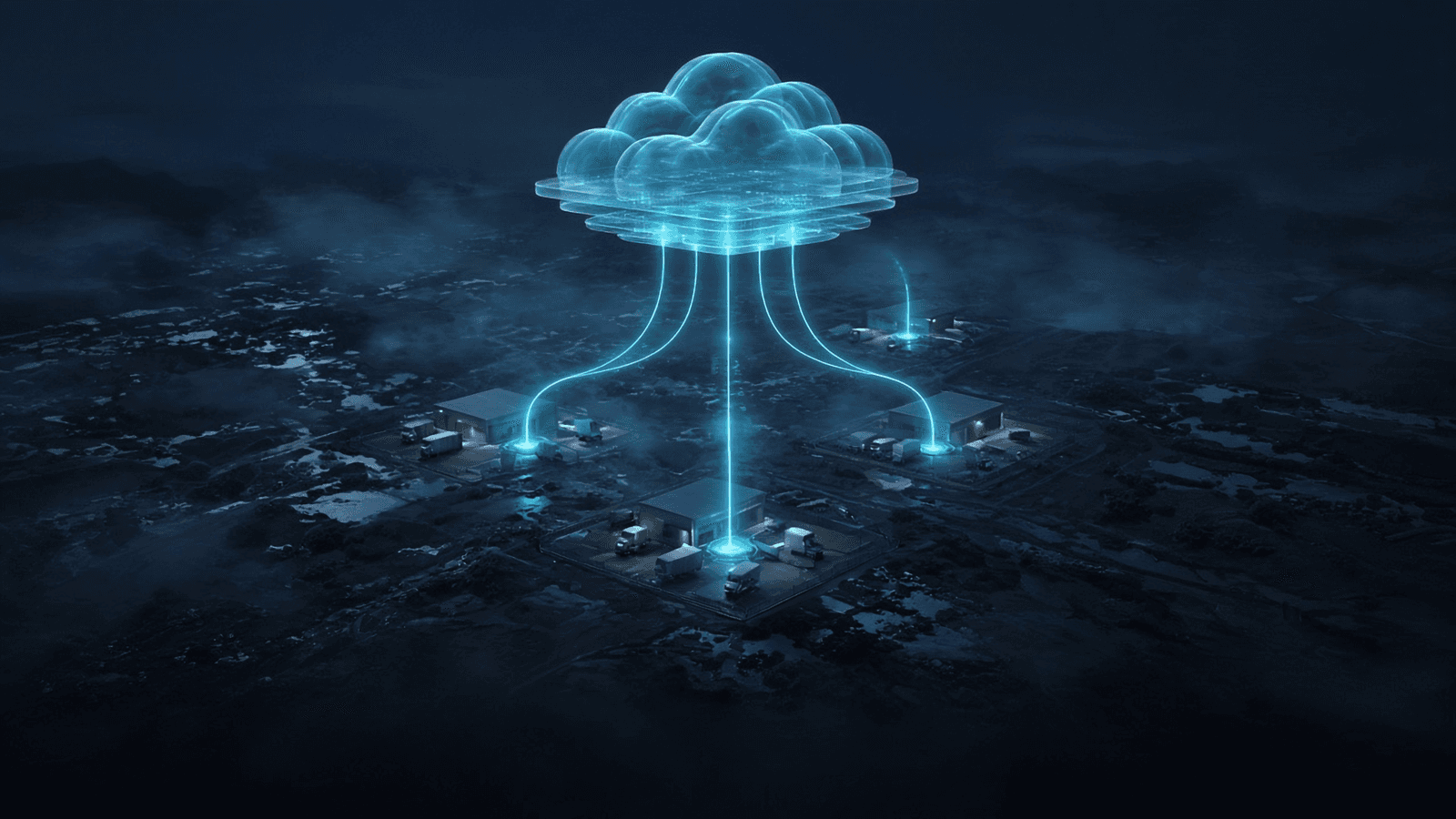Several night depots with trucks, each linked by glowing light lines up into one floating cloud platform above the landscape