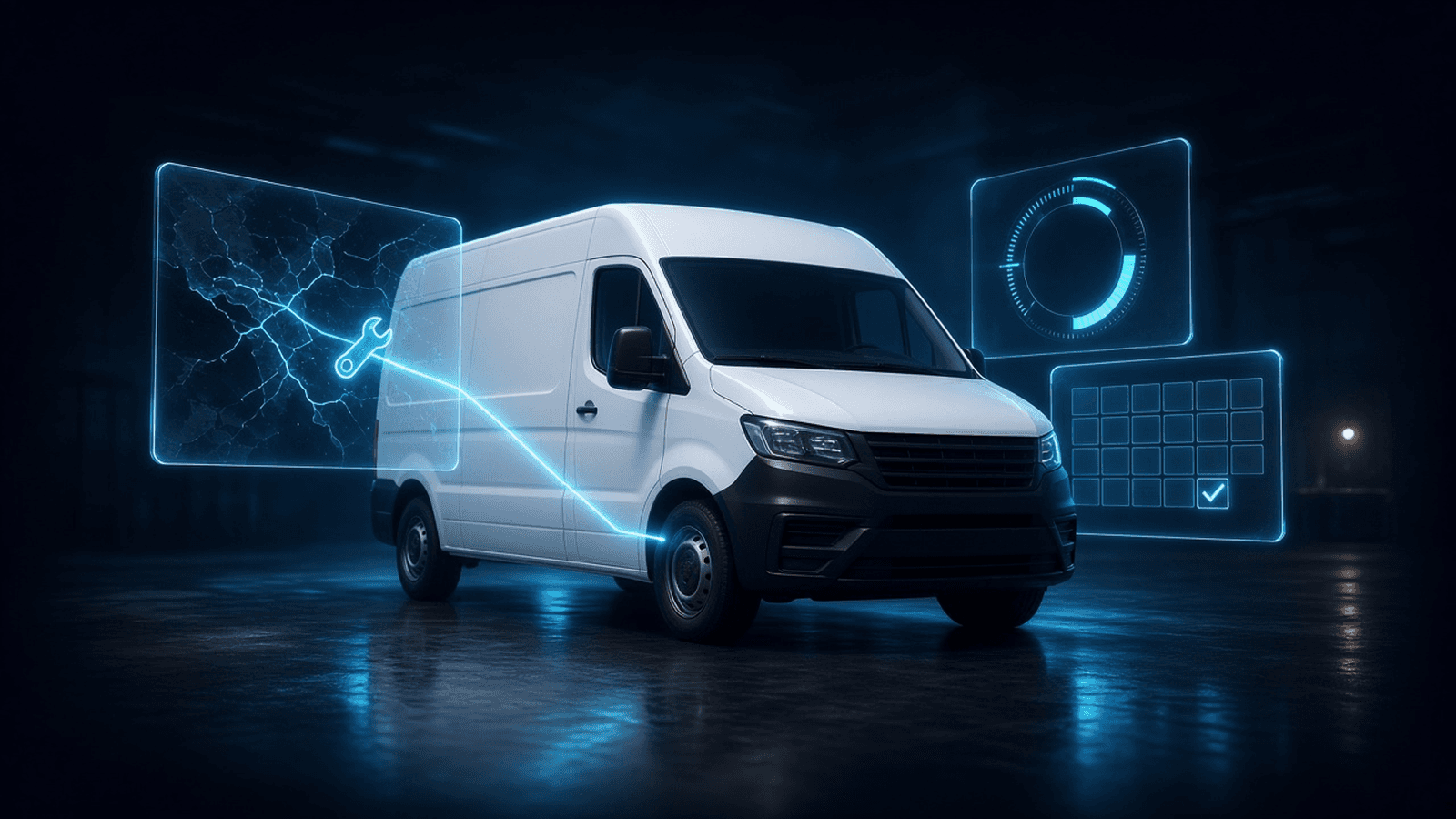 A white service van at night beside glowing panels: a route map ending at a wrench, a service-interval ring and a calendar with one check