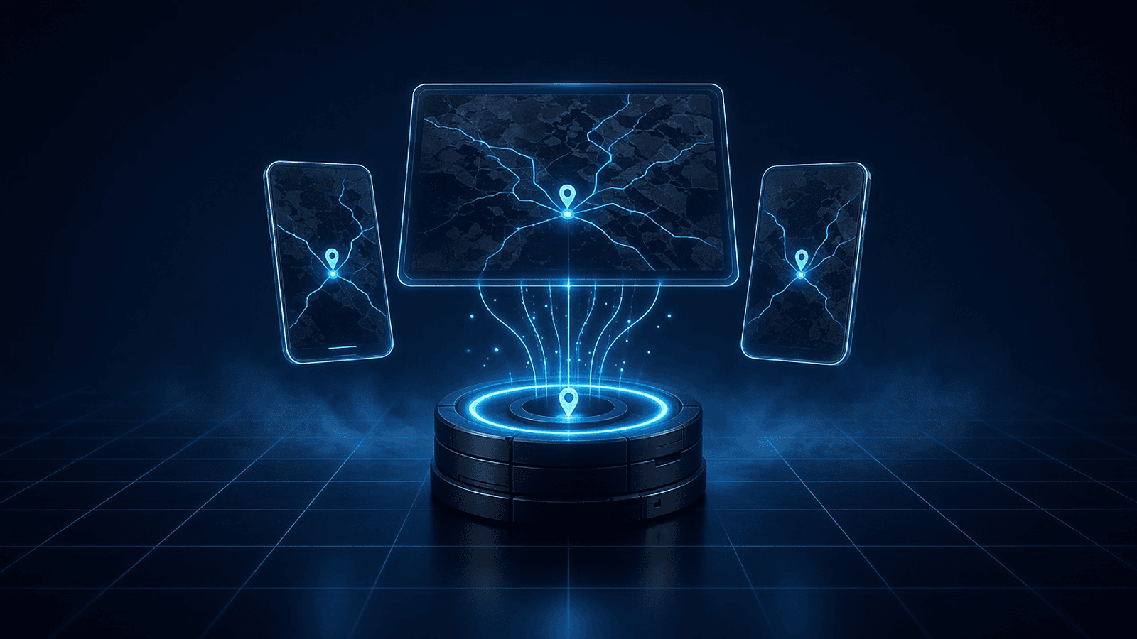 A glowing tracking engine core on a dark grid floor, with light lines rising into a branded web dashboard and two phone apps showing live maps built on top of it