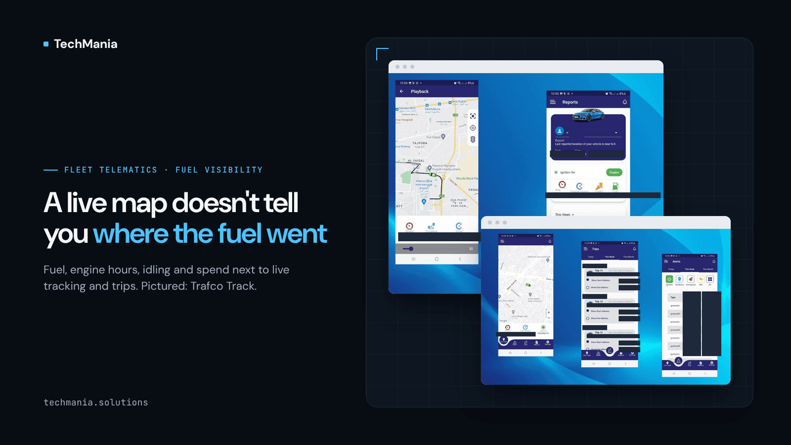 Banner reading "A live map doesn't tell you where the fuel went", next to Trafco Track screens for route playback and a reports card with engine hours, fuel and spend tiles beside live tracking, trips and alerts filtered by ignition, geofence, overspeed and idle. No numbers, no plates.