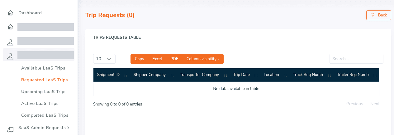 Trip requests board with Copy, Excel, PDF and column-visibility export controls and columns for shipment ID, shipper, transporter, trip date, location, truck registration and trailer registration, beside a menu of the five trip boards: available, requested, upcoming, active and completed.