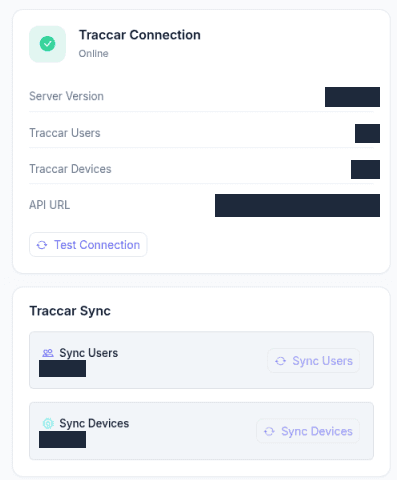 Traccar connection and user/device sync settings