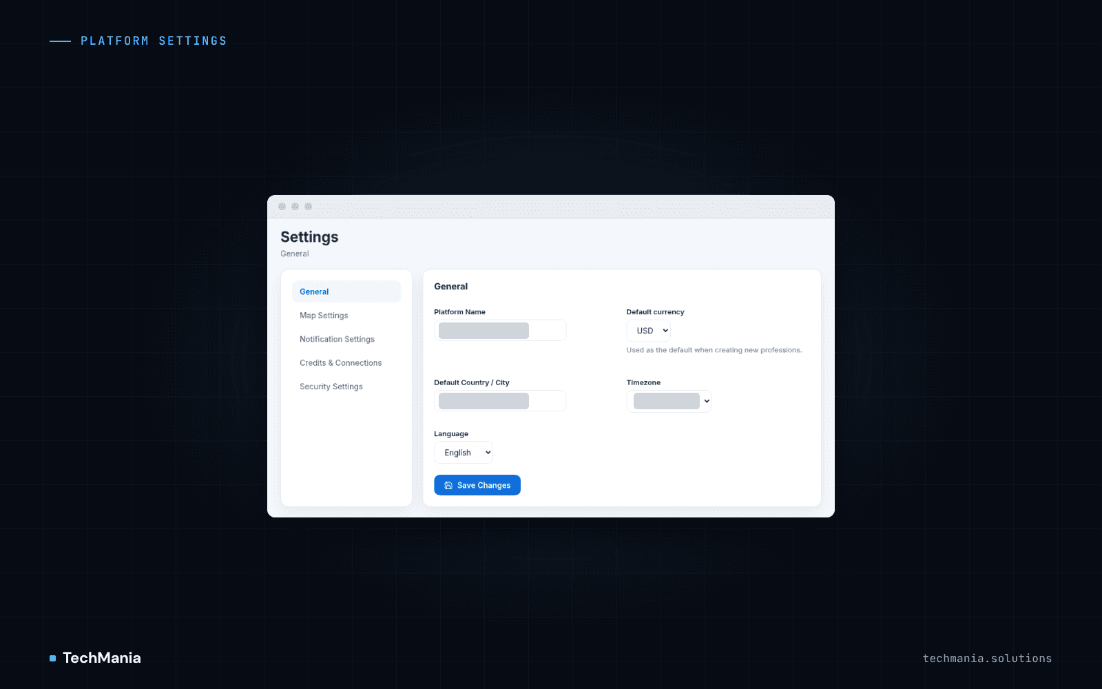 General platform settings with currency, country, timezone and language fields beside map, notification and security tabs.