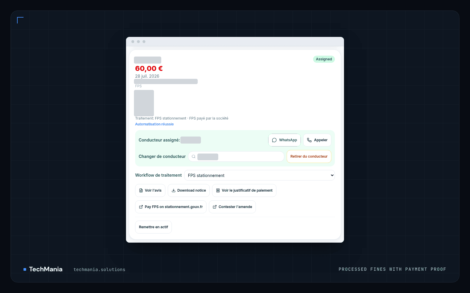 Processed parking fine with an assigned driver, automated FPS payment, payment proof, contest and reactivate actions.