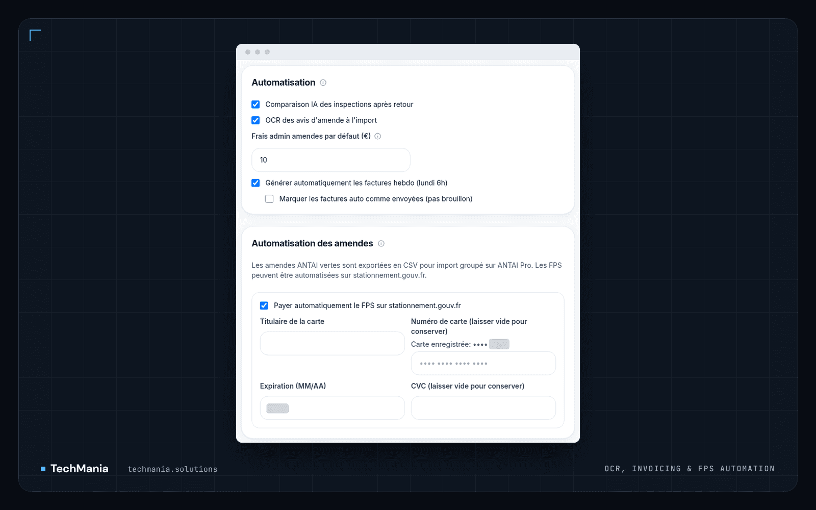 Automation settings for inspection comparison, fine notice OCR, weekly invoice generation and automatic FPS payment.