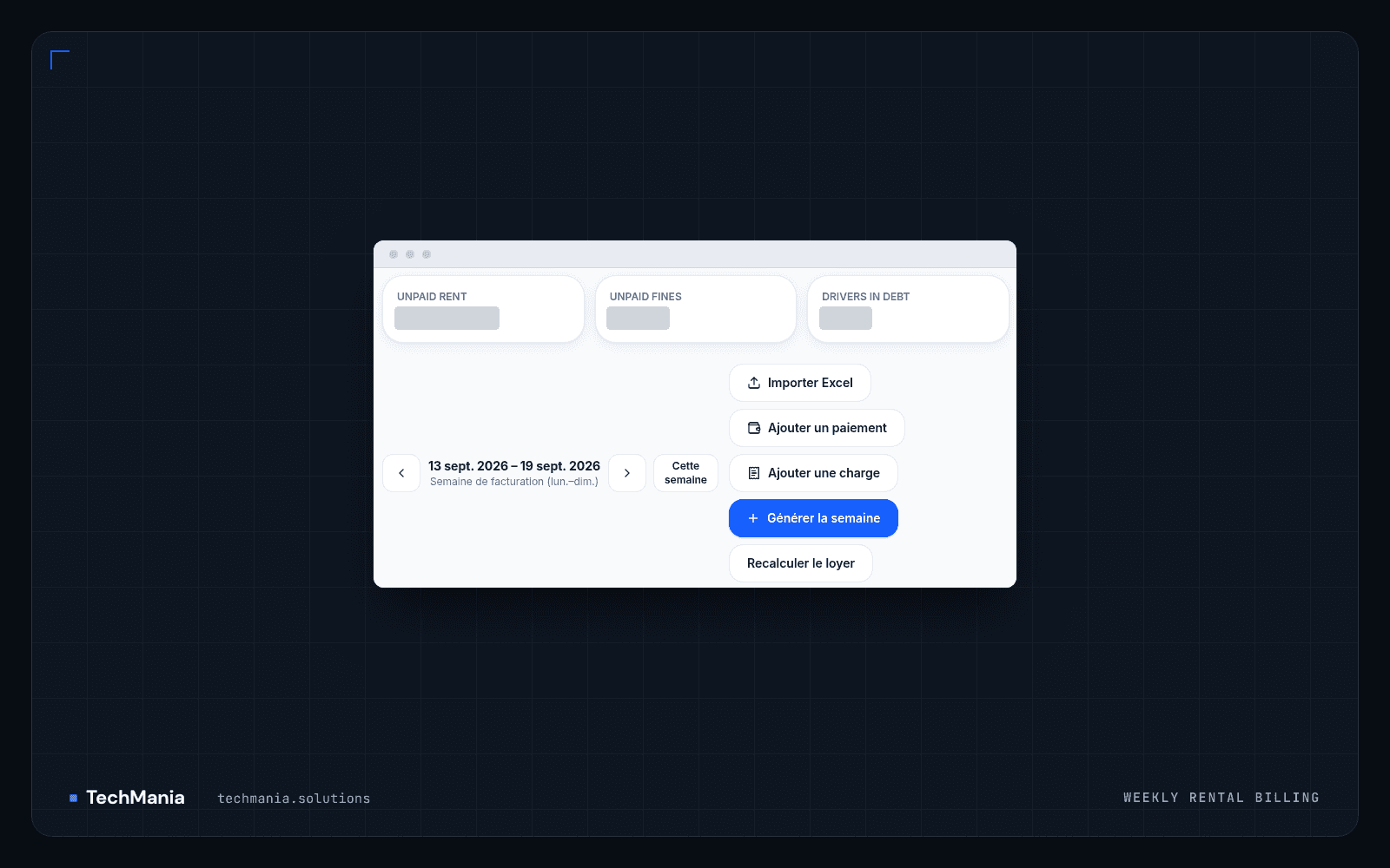 Weekly rental billing with week navigation and actions to import Excel, add payments or charges and generate the week.