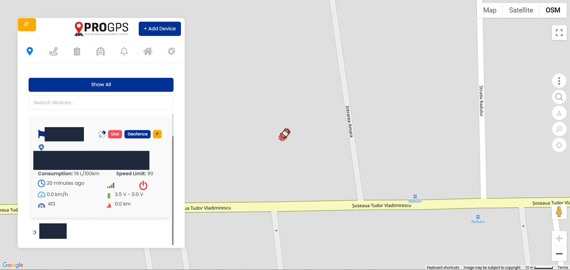 ProGPS live map with a device card showing live status, fuel consumption, speed limit, voltage and ignition state