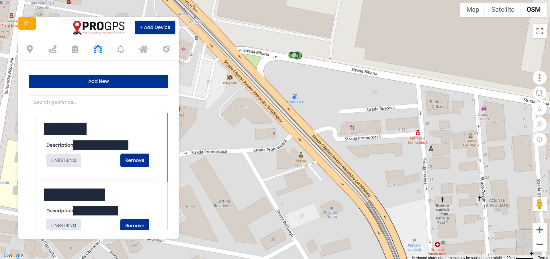 ProGPS geofence list with add, search, geofence type and remove controls beside the map