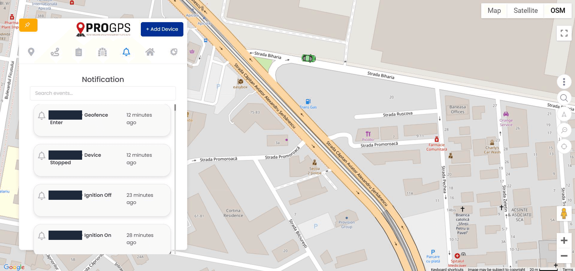 Notification feed with geofence enter, device stopped, ignition off and ignition on events
