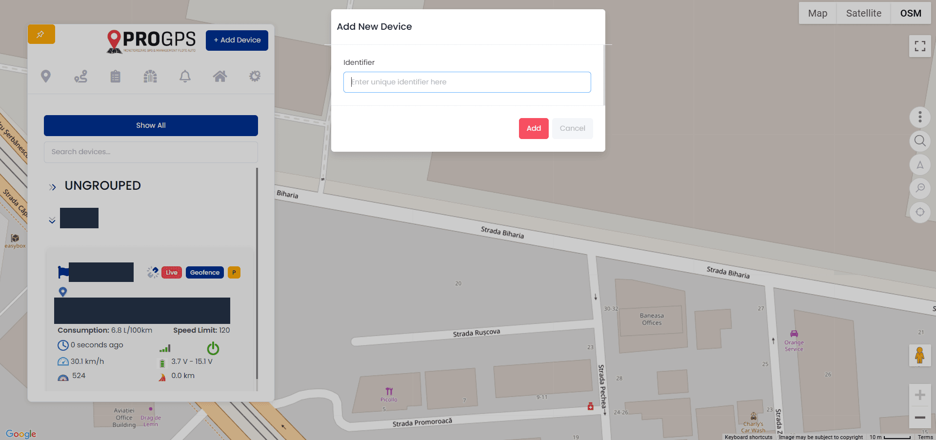 Add New Device dialog asking for the tracker's unique identifier, over grouped devices on the map