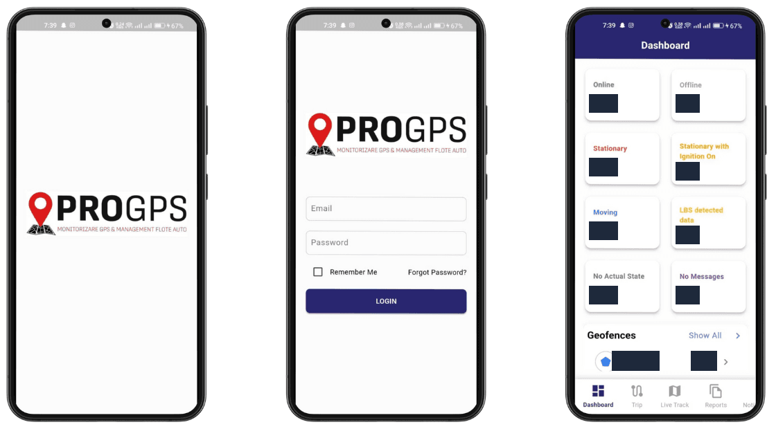 ProGPS Flutter app splash, login and dashboard with online, offline, moving and ignition status tiles