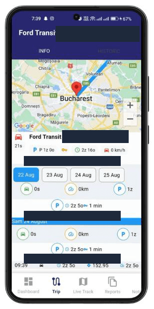 ProGPS mobile trip screen with a route map, day picker and a timeline of stops and moves