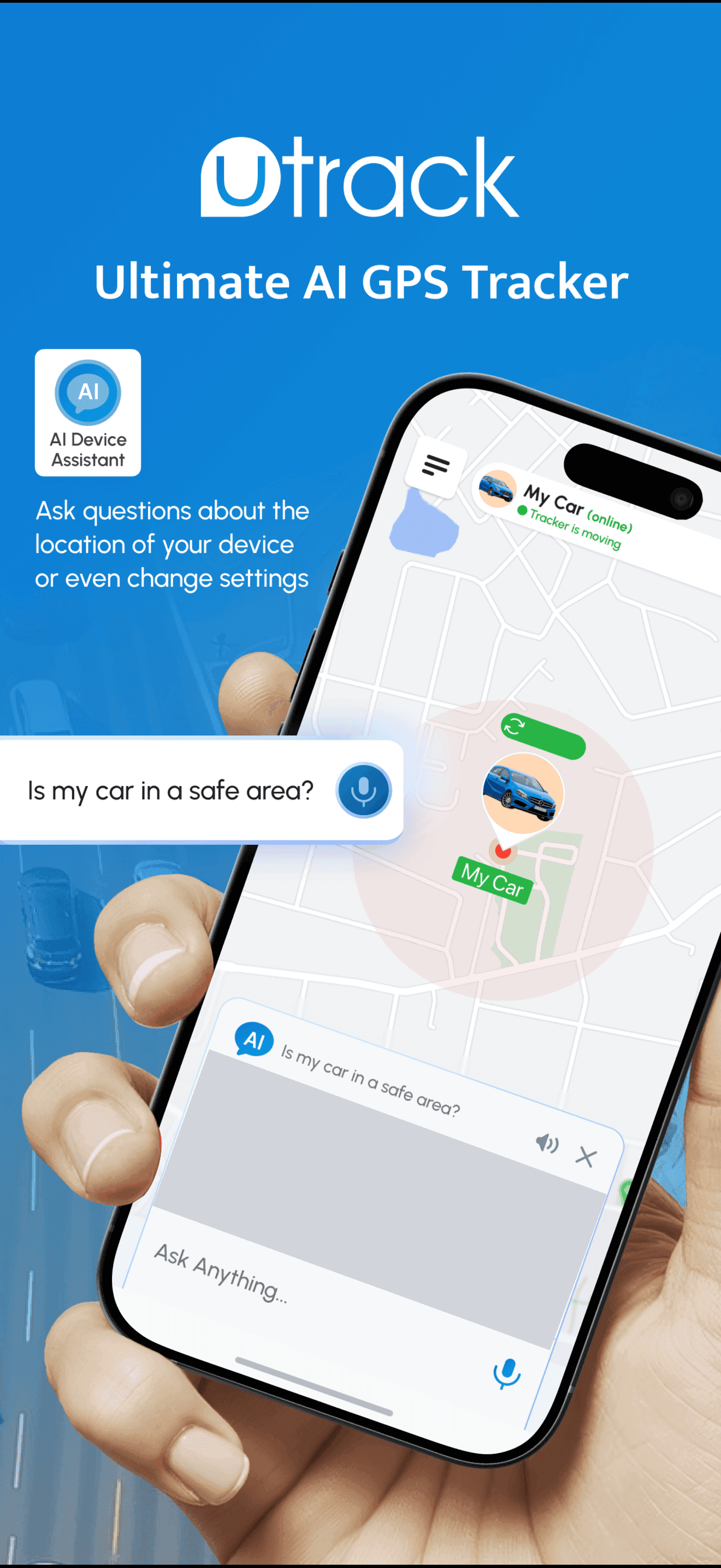 UTrack App Store screen: the in-app AI Device Assistant answering the question "Is my car in a safe area?" next to a tracked car on the map