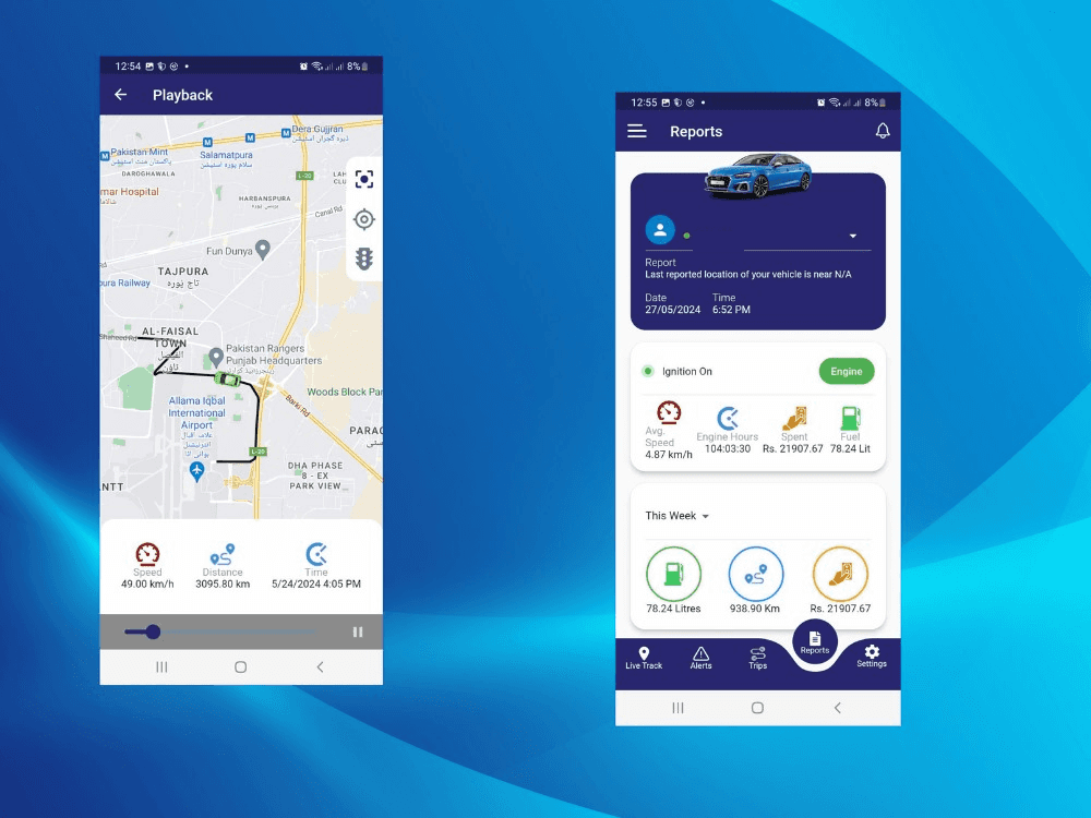 Trafco Track playback map and vehicle reports with plate ID covered by a solid bar