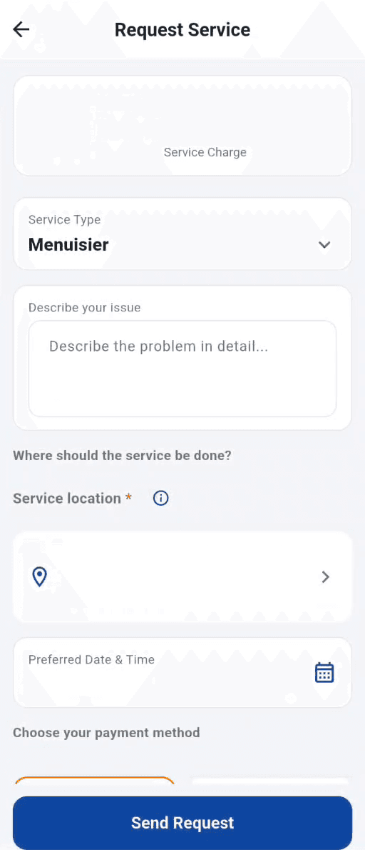 Service request form with service type, problem description, location, preferred date and time, and payment method