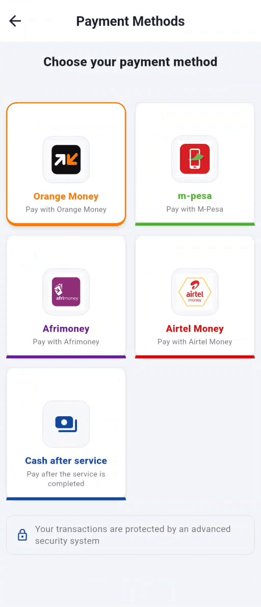 Payment method screen with mobile-money wallets and cash after service