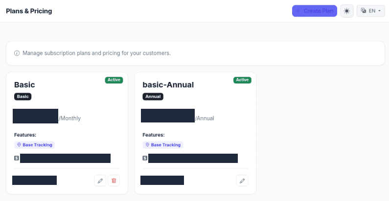 GeoLox Admin Plans & Pricing cards with monthly and annual plans linked to Stripe prices (prices and Stripe IDs hidden)