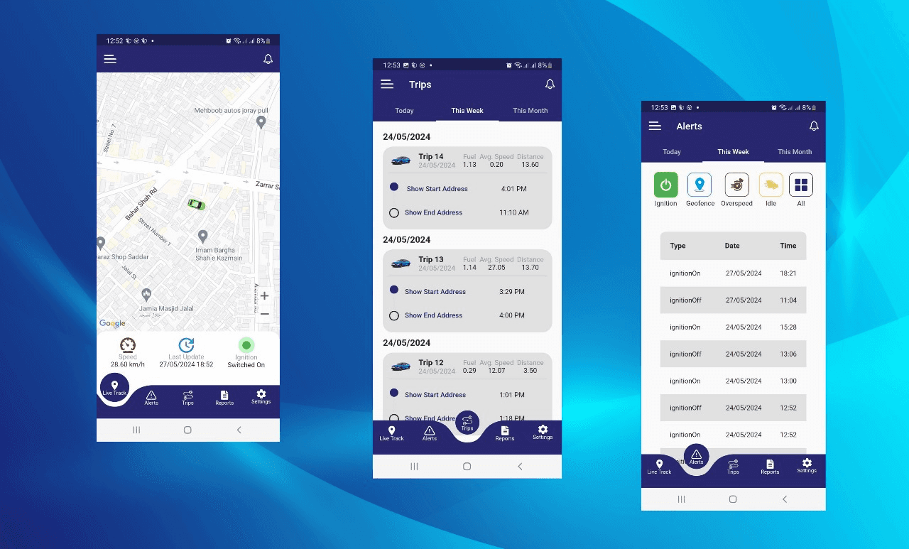 Trafco Track mobile app showing Live Track map, Trips list and Alerts for ignition, geofence, overspeed and idle