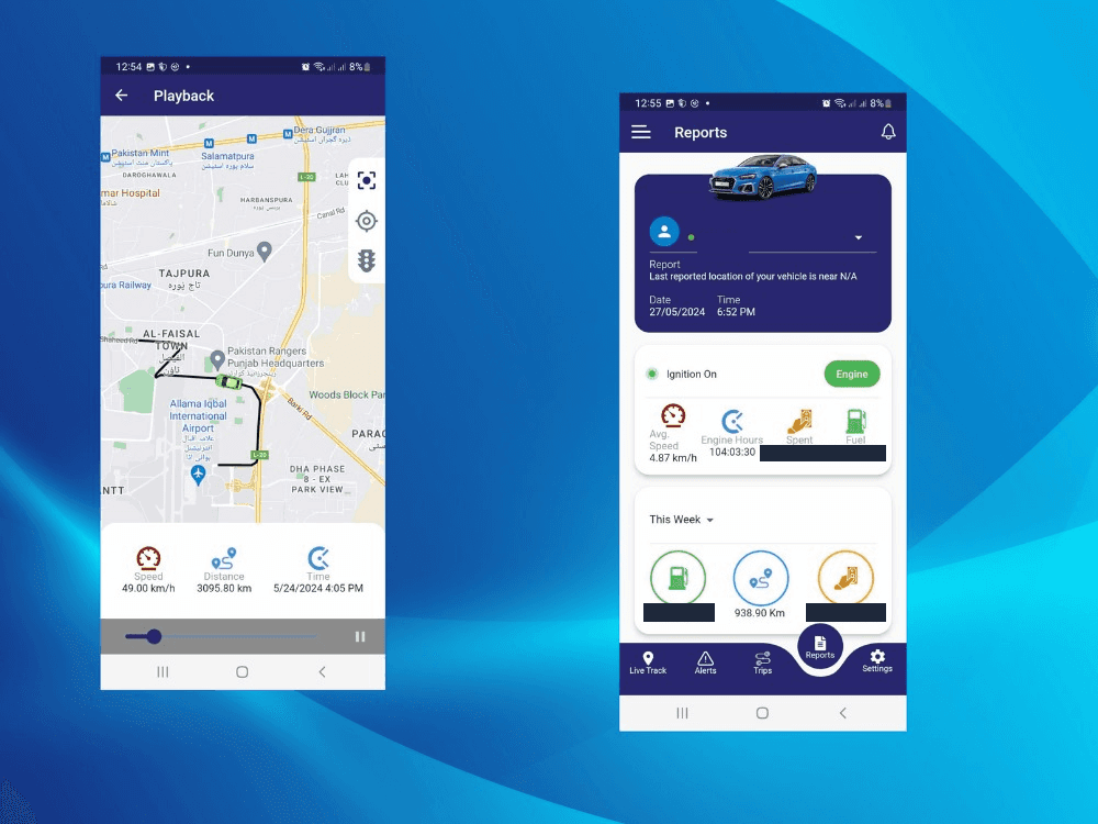 Trafco Track playback map and vehicle reports screen with plate ID and spend and fuel figures hidden