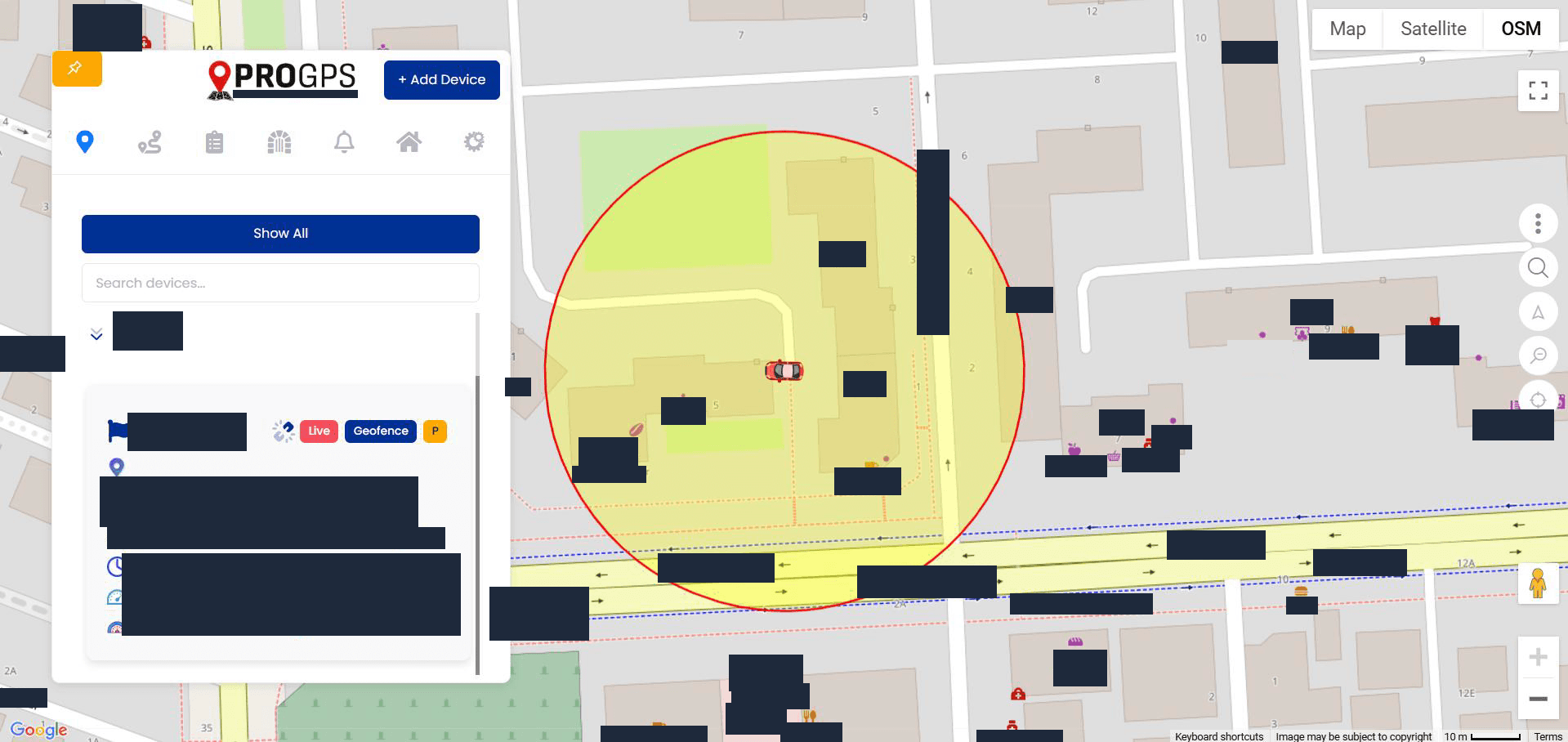 Circular geofence on the ProGPS live map with the tracked vehicle inside and its device card alongside, map labels and card values hidden