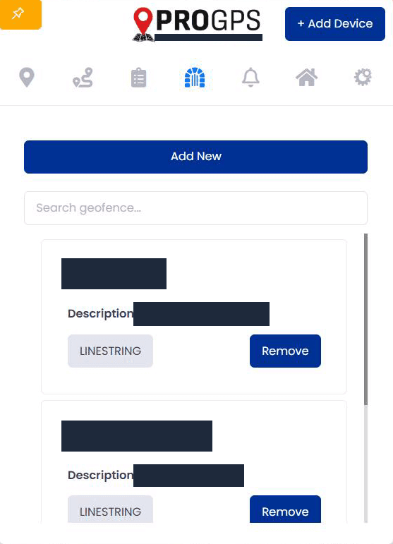 ProGPS geofence list panel with add, search, geofence type and remove controls