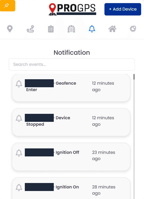 ProGPS notification feed with geofence enter, device stopped, ignition off and ignition on events