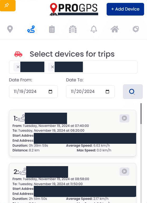 ProGPS web trips panel with several vehicles selected, a date range and trip cards with times, duration, speeds, distance and a replay button