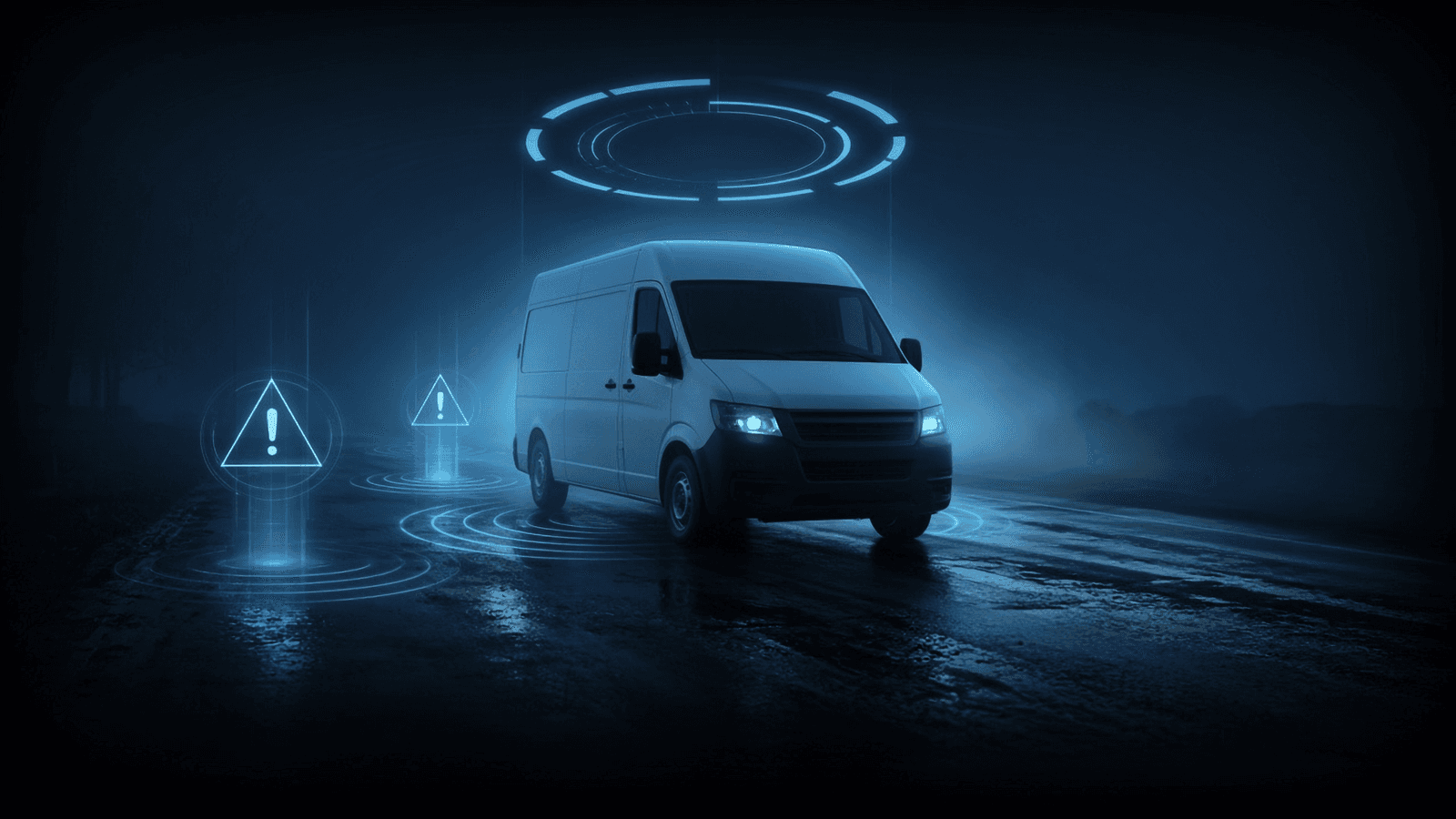 GeoLox: a white van on a wet night road beside holographic warning markers, with a glowing score gauge ring floating above