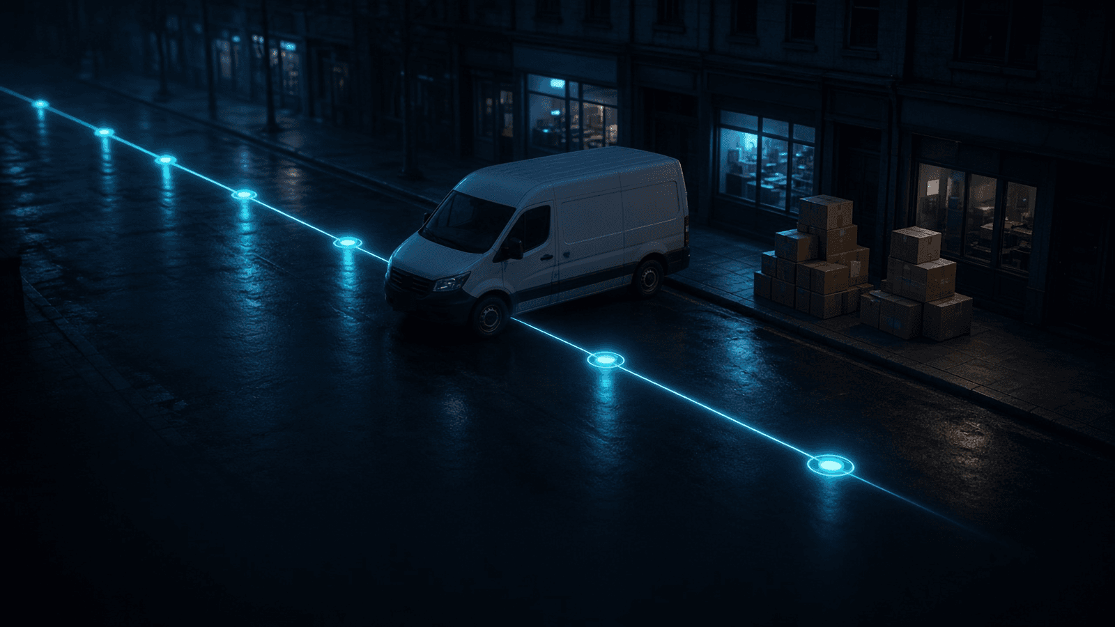 A white van at night-lit shopfronts beside stacked parcels, the daily route drawn as glowing stops along the street