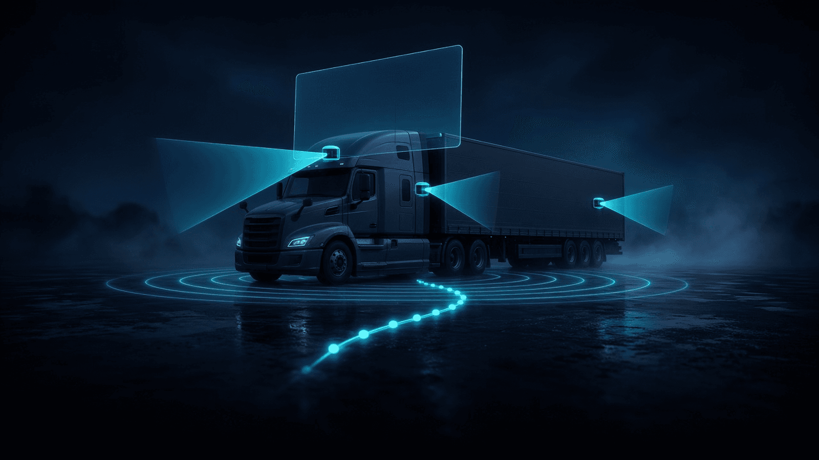 A semi-truck in a night yard with glowing dashcam view cones, a blank floating video frame, an alarm pulse ring and a GPS trail