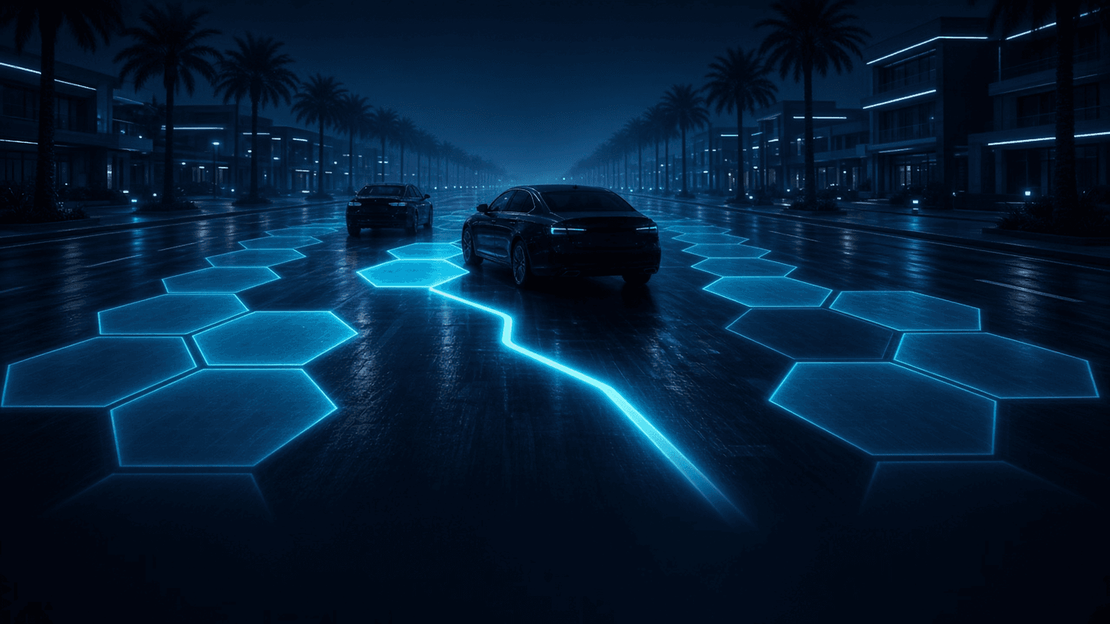 Dark sedans on a palm-lined night boulevard, glowing hexagonal surge zones on the road and a cyan fare route line between them