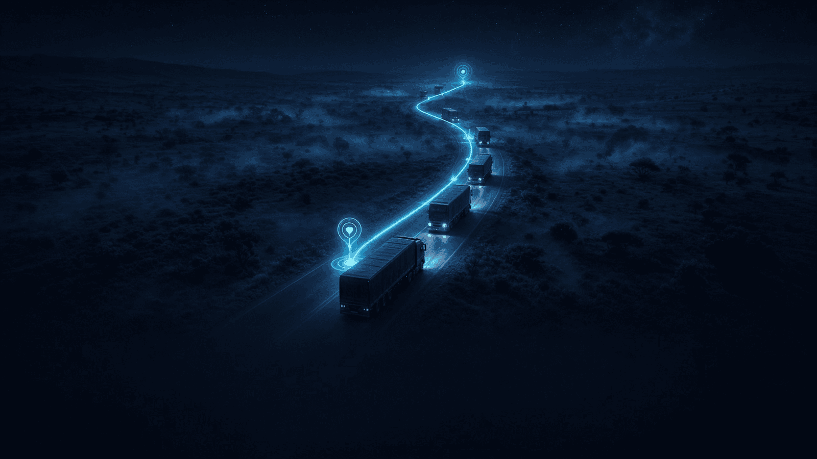 A convoy of semi-trucks on a winding night highway through open bush, following a glowing trip route with load and drop pins
