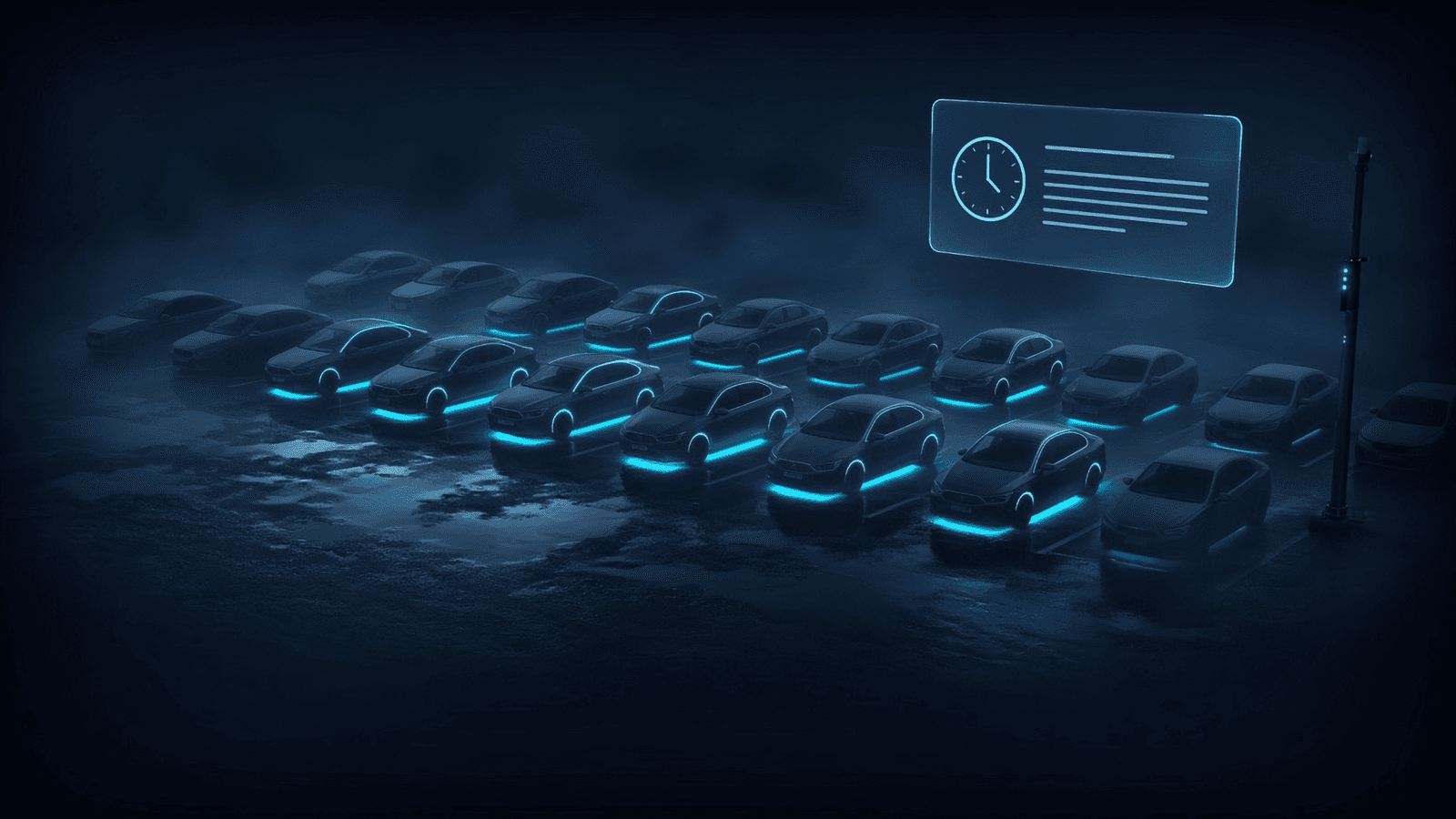 GBL: a night rental lot of sedans, active ones lit with cyan underglow and the rest dim, under a document hologram with a clock