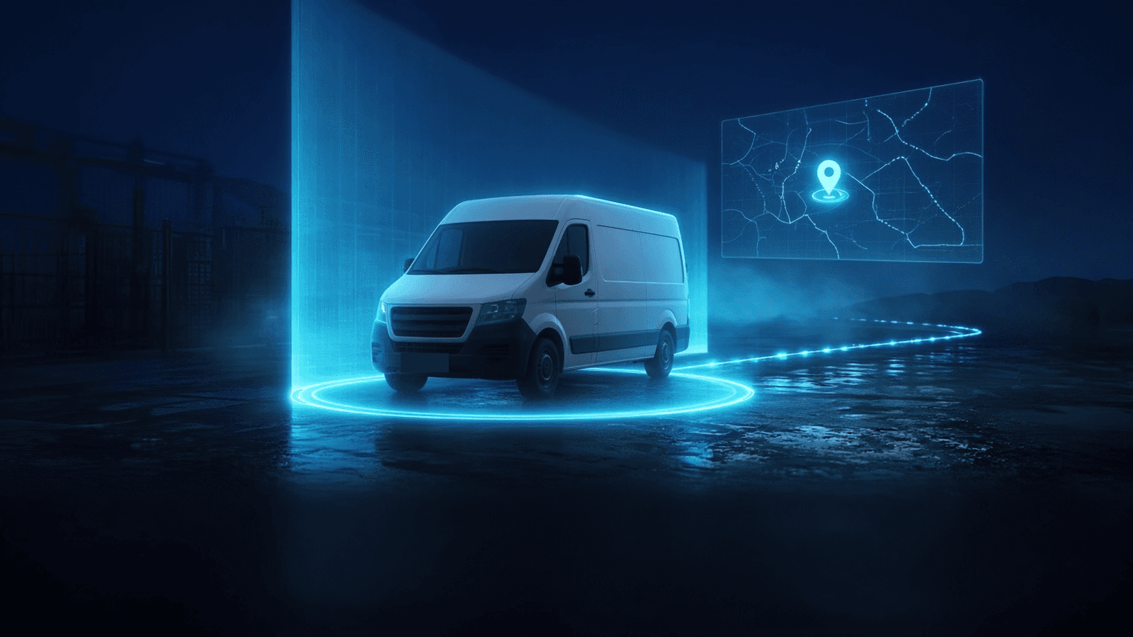 GeoLox: a white van crossing a glowing geofence wall inside an alert ring, with its route running to a map panel with a pin