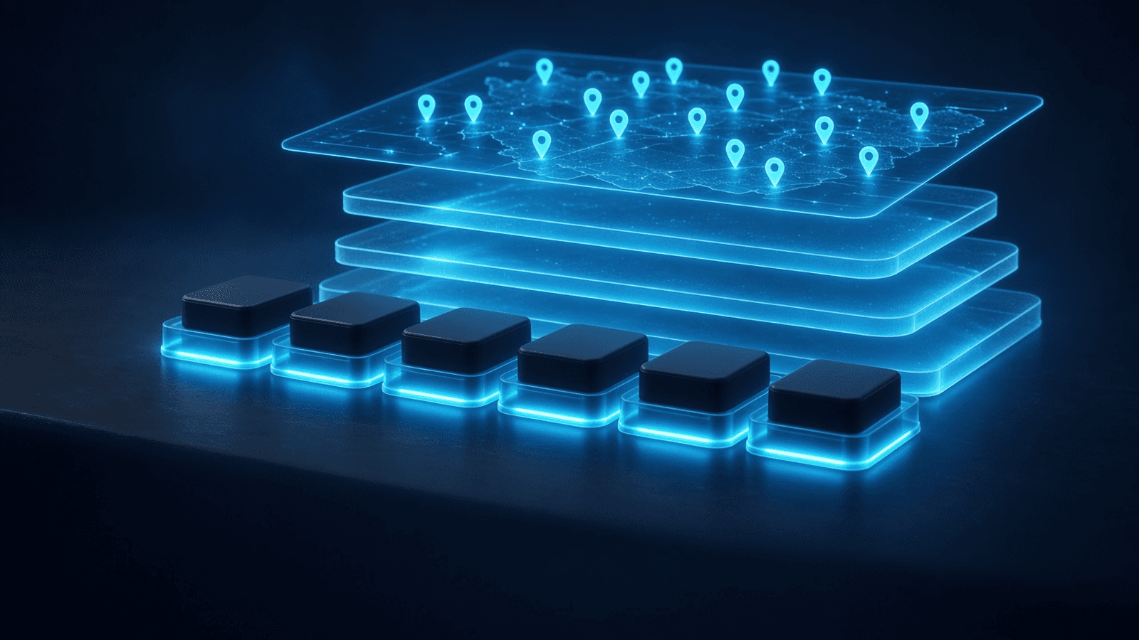 GeoLox Admin: GPS trackers on glowing cradles beside stacked translucent subscription tiers, a map of location pins on top