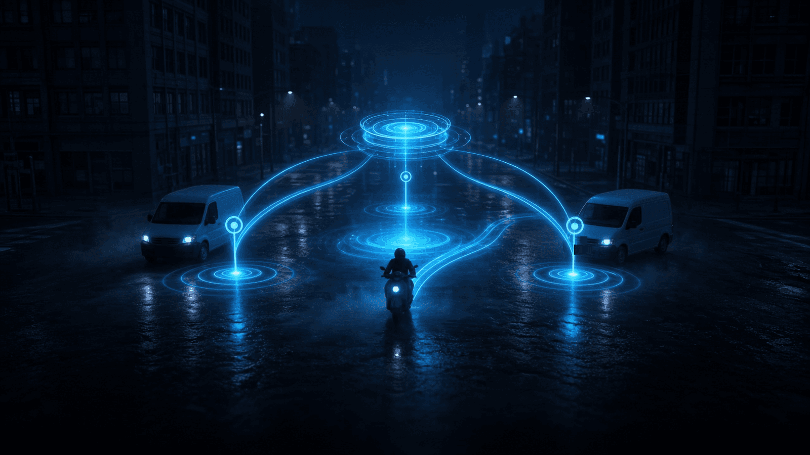 JobBox: two vans and a motorbike rider on a wet night street, linked by glowing dispatch arcs to a central hub ring above