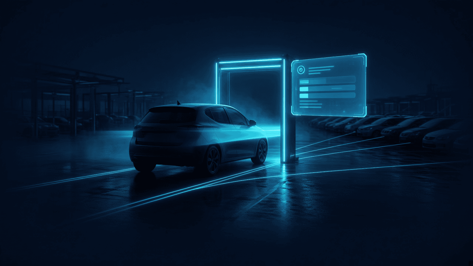 FleetFlow: a hatchback heading into a glowing inspection arch at a night rental depot, a document panel and parked cars beside it
