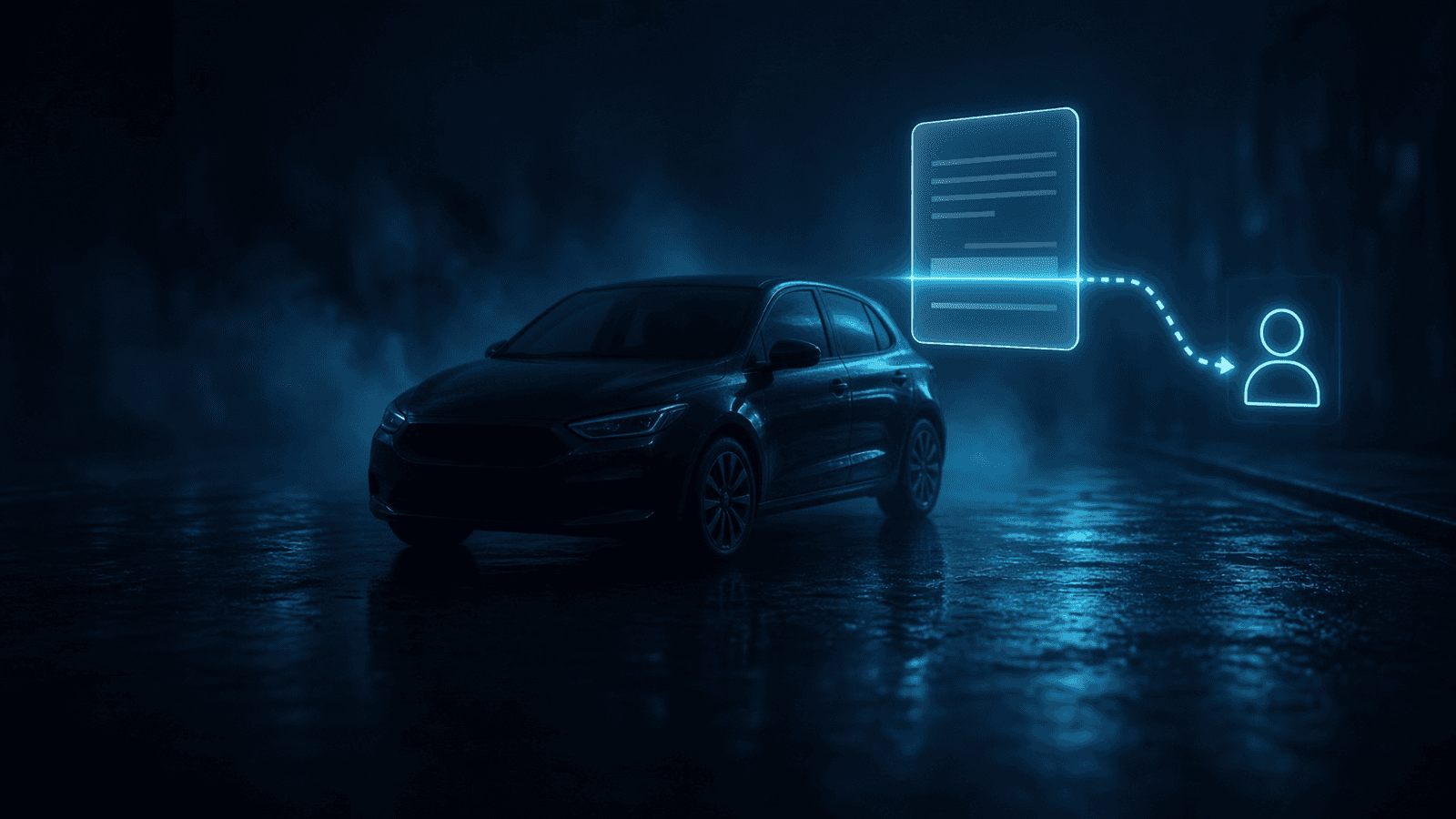 FleetFlow: a dark hatchback at night beside a floating fine notice crossed by a scan line, with a dotted path to a driver glyph