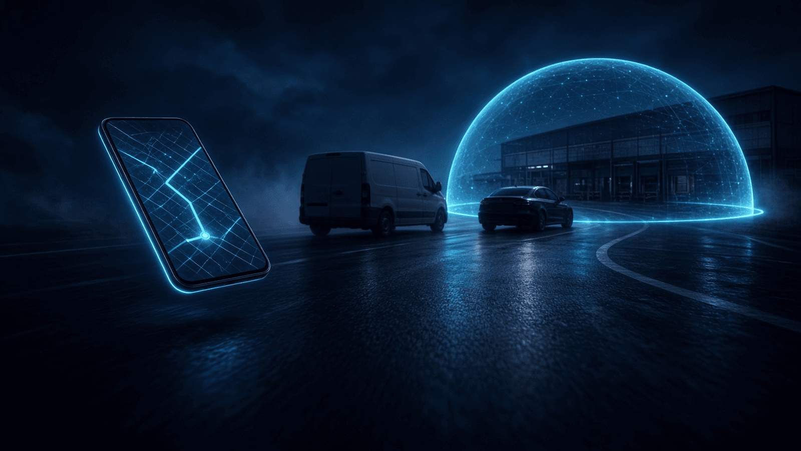 ProGPS: a phone with a glowing route map beside a van and a sedan on a night road, and a geofence dome over a depot building