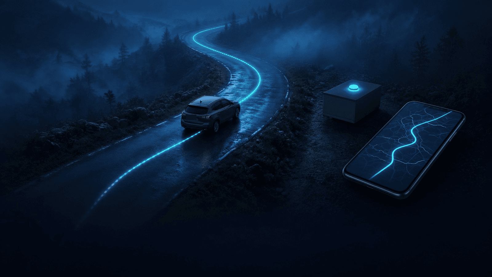 UTrack: an SUV on a winding night road leaving a glowing route trail, with a lit tracker box and a phone showing a route map