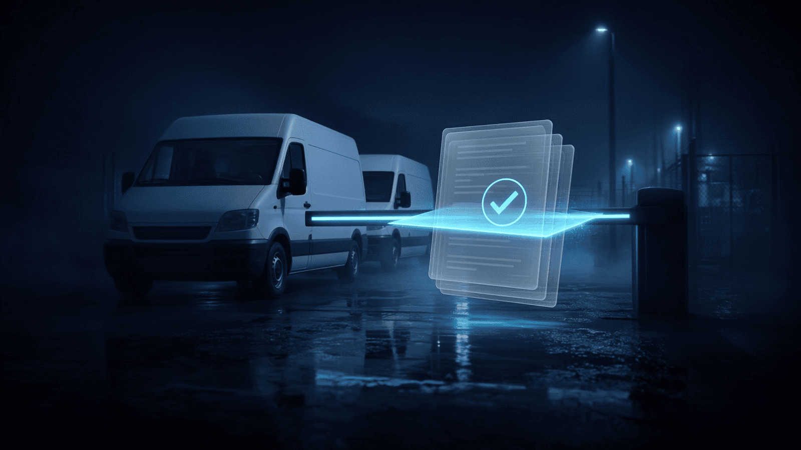 JobBox: white vans held at a night gate barrier while a holographic document stack with a check mark is scanned for dispatch