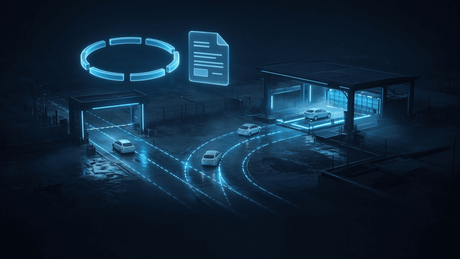 FleetFlow: rental cars moving from a depot gate to an inspection bay at night, under a segmented ring and an invoice glyph